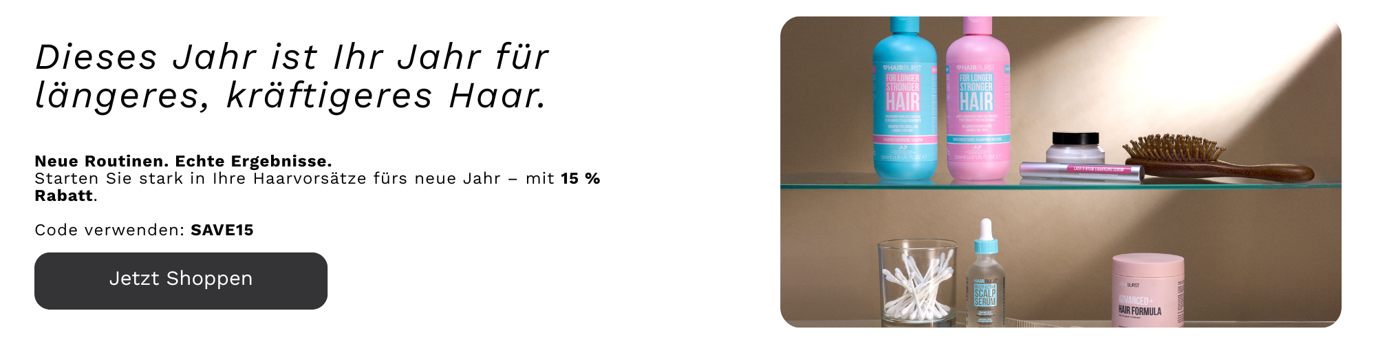 Shelf with hair care products and promotional text in German for a hair care brand.